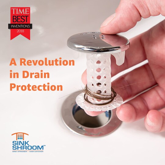 Revolutionary Bathroom Sink Drain Protector Hair Catcher, Strainer, Snare, Sinkshroom Chrome Edition, 1" -1.4"